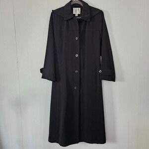 Vintage Trench Coat Women 12P Black Removable Hood Longline Belted Timeless Dark